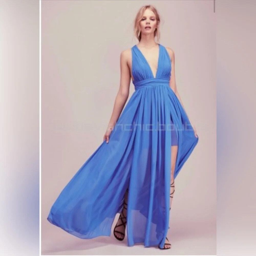 Free People Royal Blue Plunge Maxi Dress Formal Bridesmaid Gown Medium